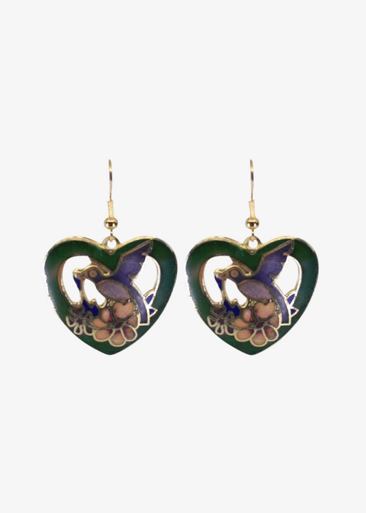 The Edit - Green Bird Cloisonné Heart Earrings