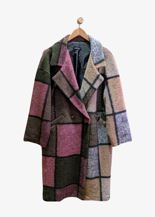 The Edit - Oversized Half 'n' Half Colourful Check Blanket Coat in Pink, Brown & Beige