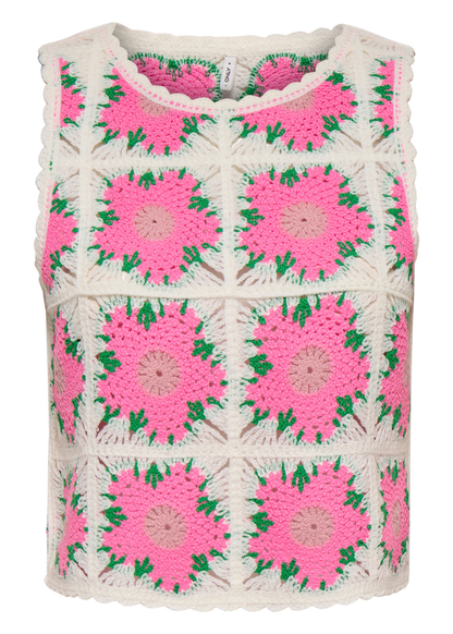 Only - Pink Flowers Crochet Detail Knit Vest