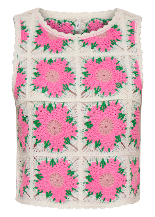 Only - Pink Flowers Crochet Detail Knit Vest