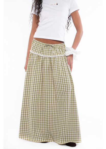 Daisy Street - Gingham Maxi Skirt with Crochet Trim