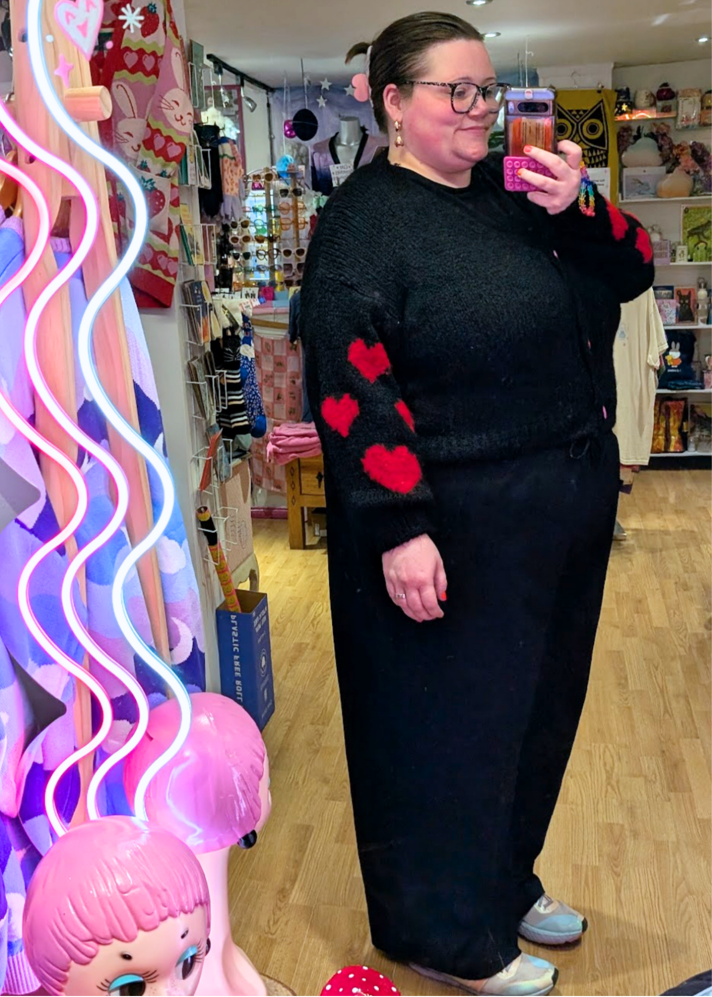 The Edit - Black and Red Heart Cardigan with Heart Buttons