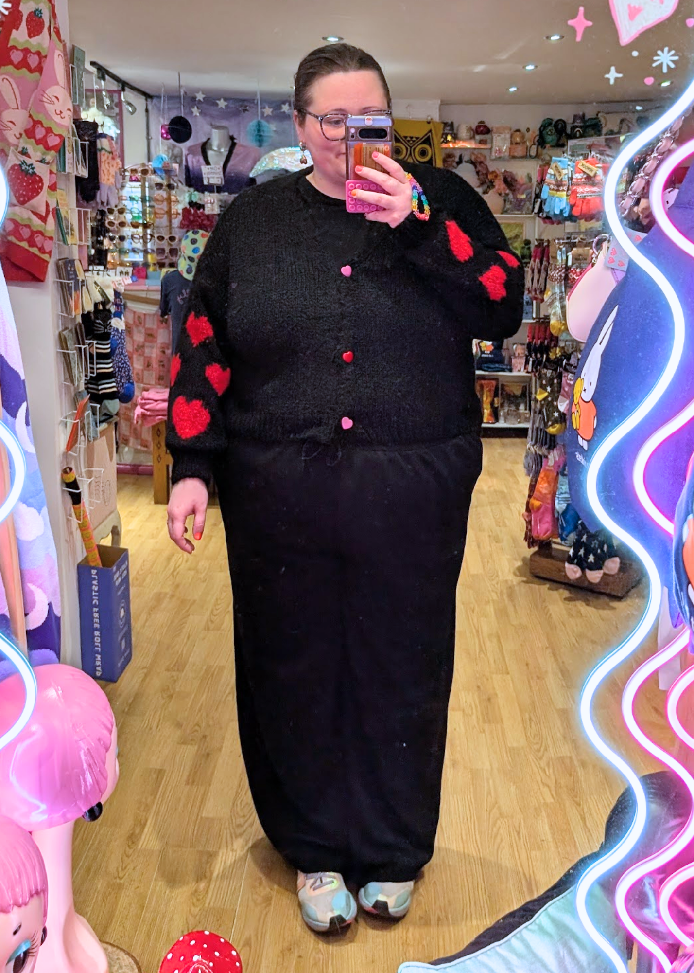 The Edit - Black and Red Heart Cardigan with Heart Buttons