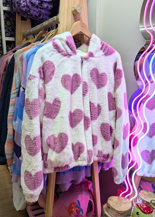 The Edit - Pink Heart Faux Fur Hooded Zip Up Jacket