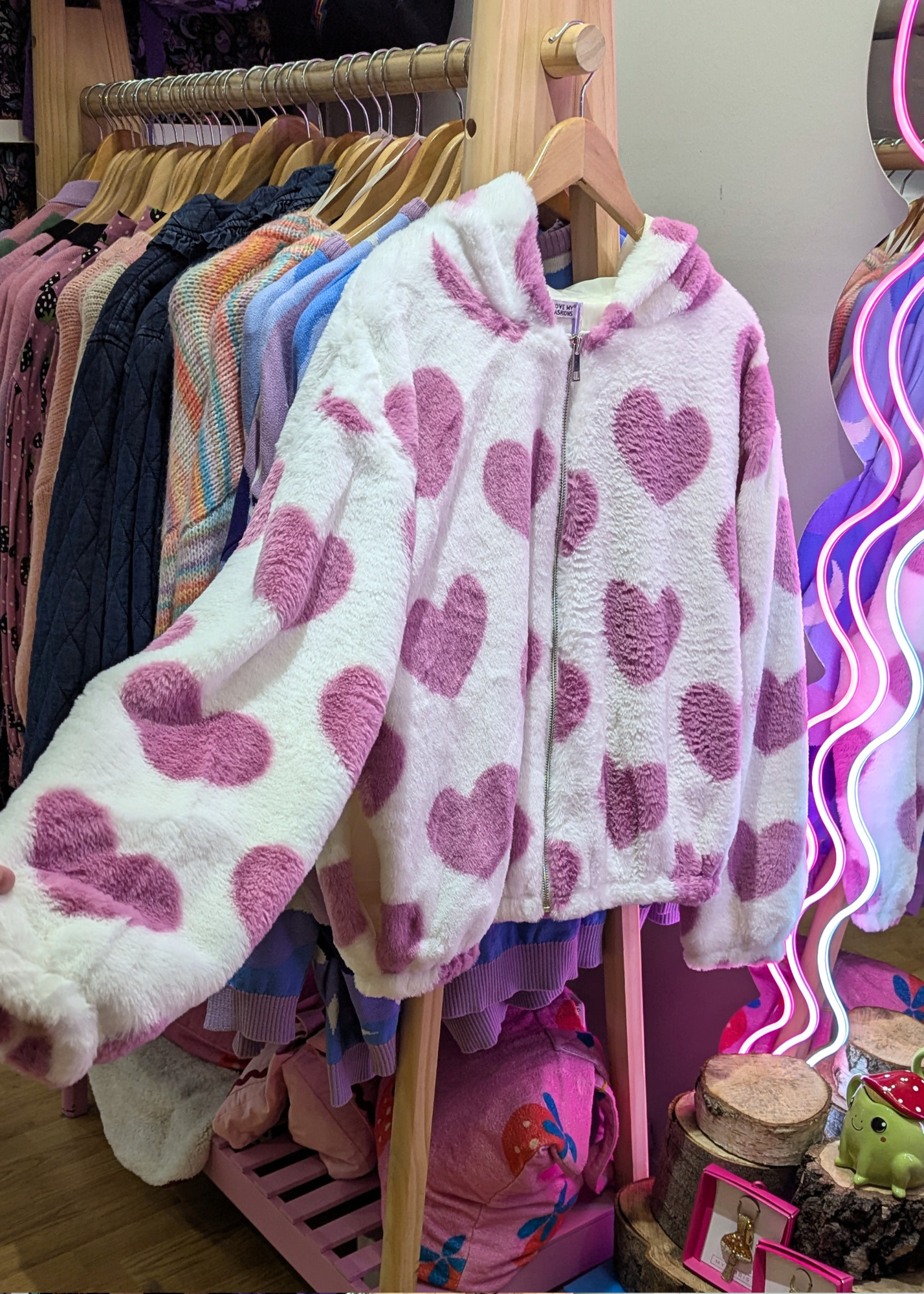The Edit - Pink Heart Faux Fur Hooded Zip Up Jacket