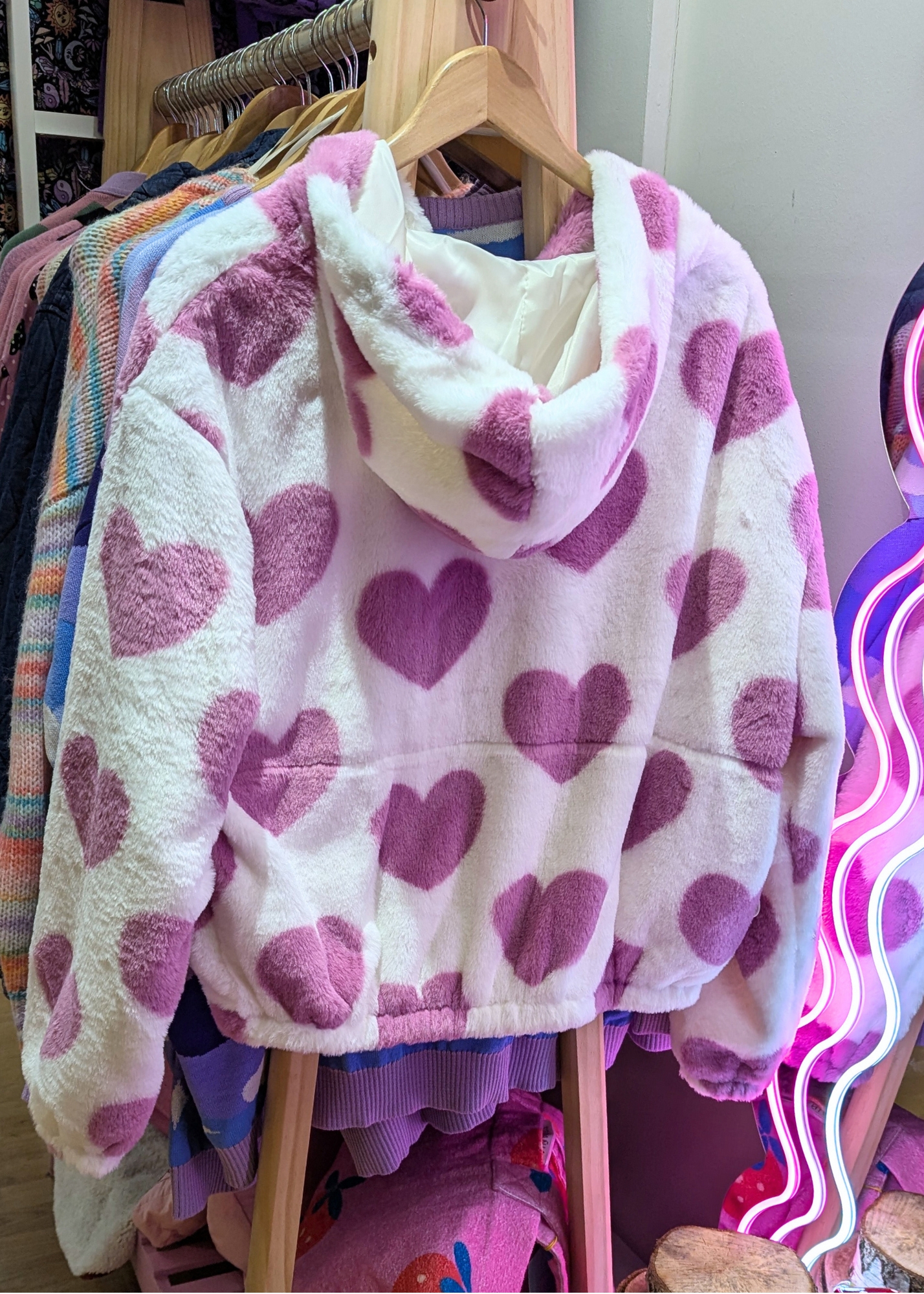 The Edit - Pink Heart Faux Fur Hooded Zip Up Jacket