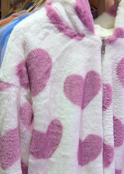 The Edit - Pink Heart Faux Fur Hooded Zip Up Jacket