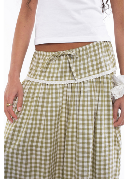 Daisy Street - Gingham Maxi Skirt with Crochet Trim