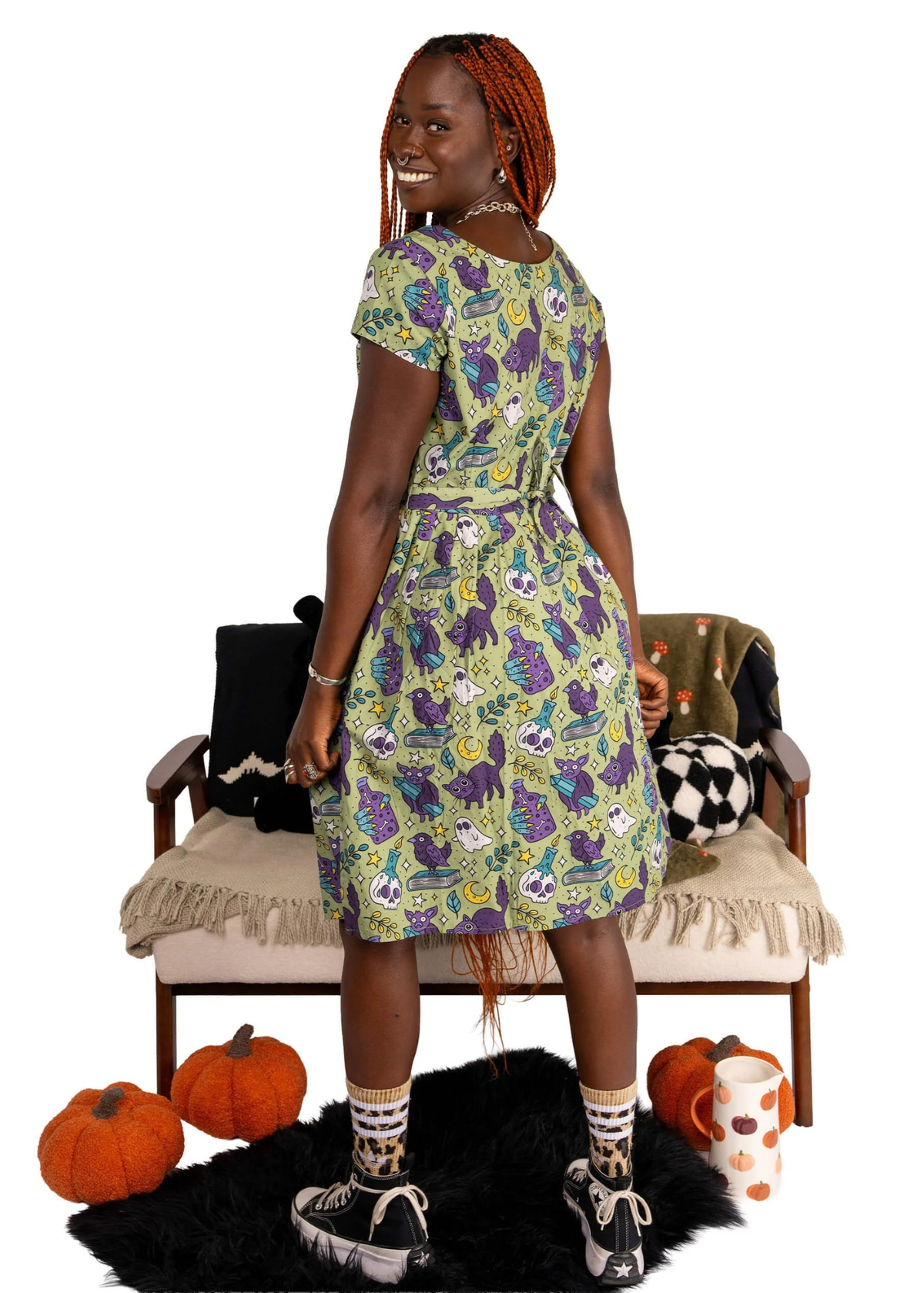 Run & Fly - Mint Cool Spooks Stretch Belted Tea Dress with Pockets