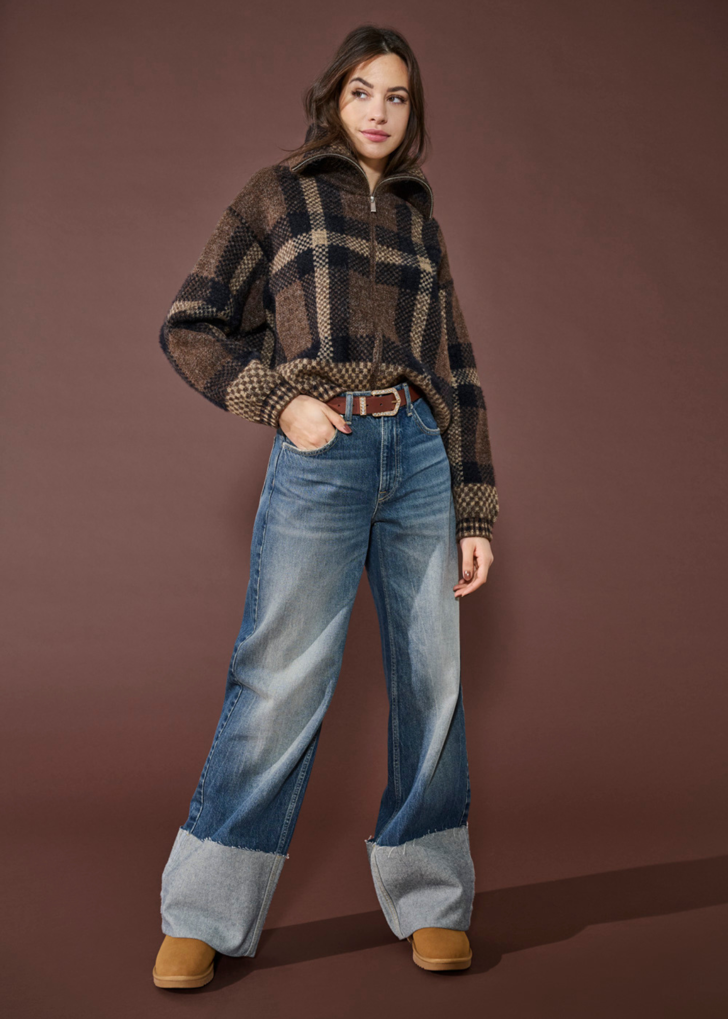 Only - Chocolate Brown Zip Up Check Cardigan