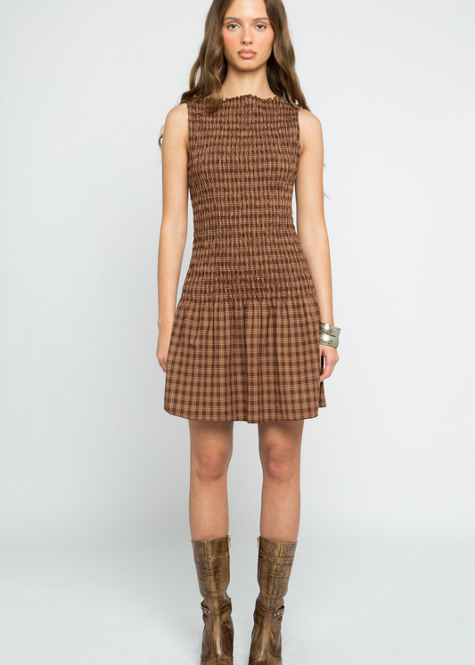 Daisy Street - Kaya Brown Check Shirred Mini Dress