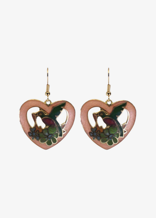 The Edit - Pink Bird Cloisonné Heart Earrings