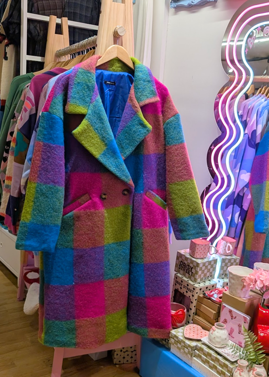 The Edit - Oversized Teal, Green & Pink Checked Coat