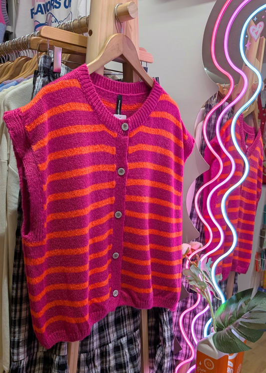The Edit - Pink and Orange Knitted Stripe Vest