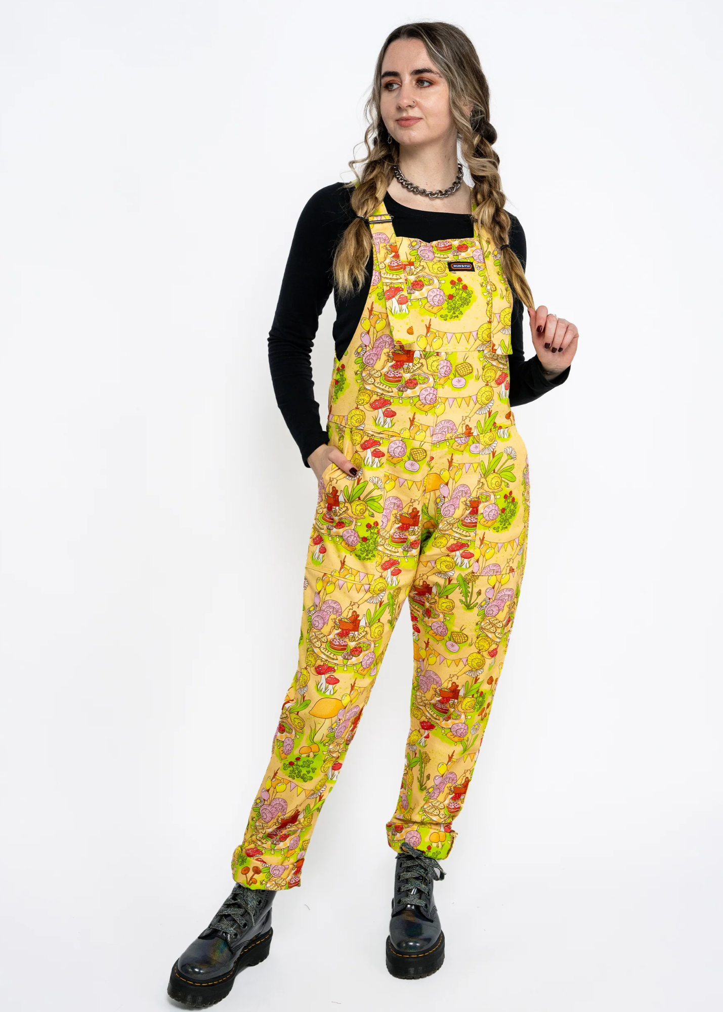 Run & Fly x The Mushroom Babes Snail Picnic Party Stretch Twill Dungarees