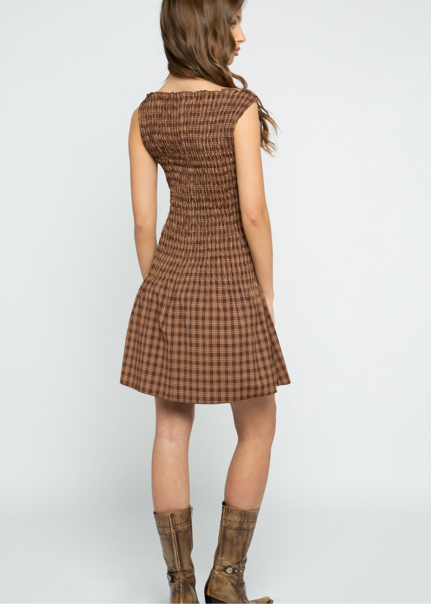 Daisy Street - Kaya Brown Check Shirred Mini Dress