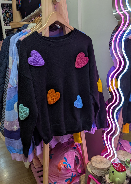 The Edit - Black Knit Jumper with Colourful Hearts