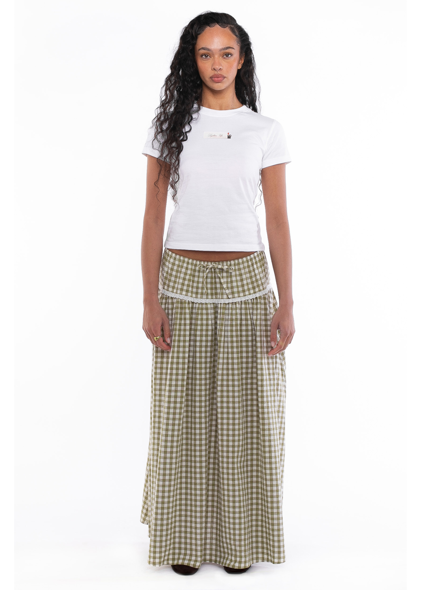 Daisy Street - Gingham Maxi Skirt with Crochet Trim