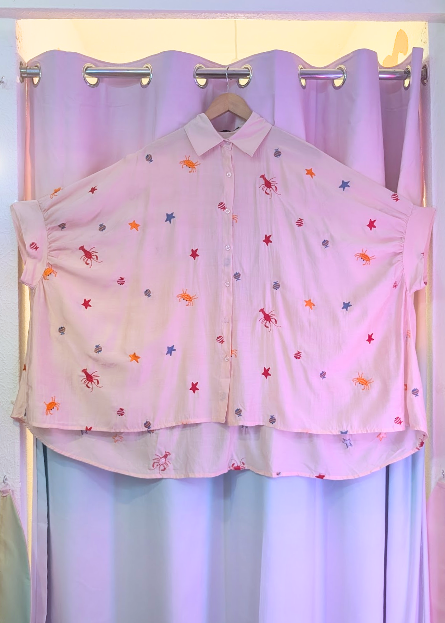 The Edit - Under the Sea Embroidered Oversized Shirt in Pale Pink