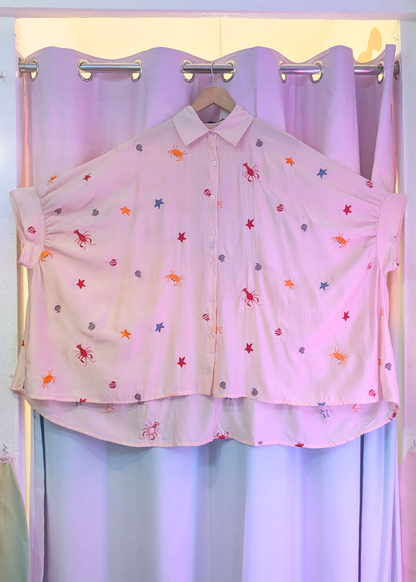 The Edit - Under the Sea Embroidered Oversized Shirt in Pale Pink