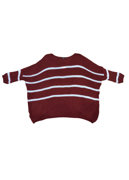The Edit - Maroon and white Stripe ¾ Sleeve Jumper