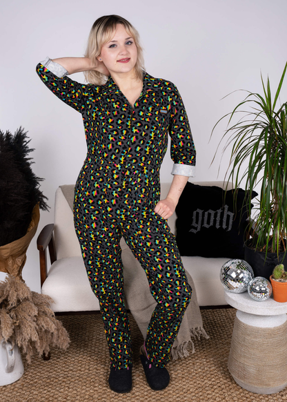 Run & Fly - Grey Rainbow Leopard Stretch Twill Boiler Suit