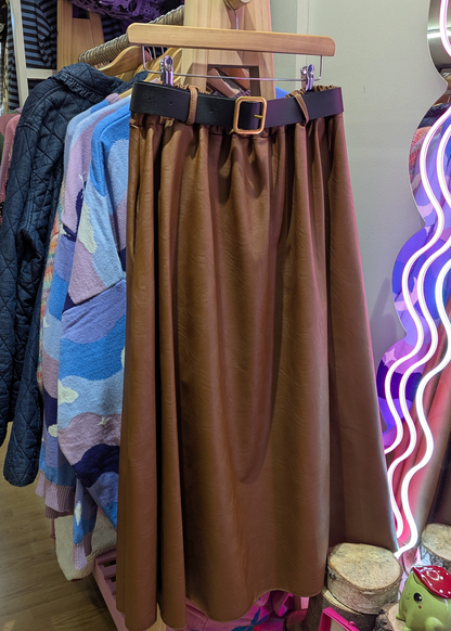 The Edit - Faux Leather Burnt Orange Midi Skirt