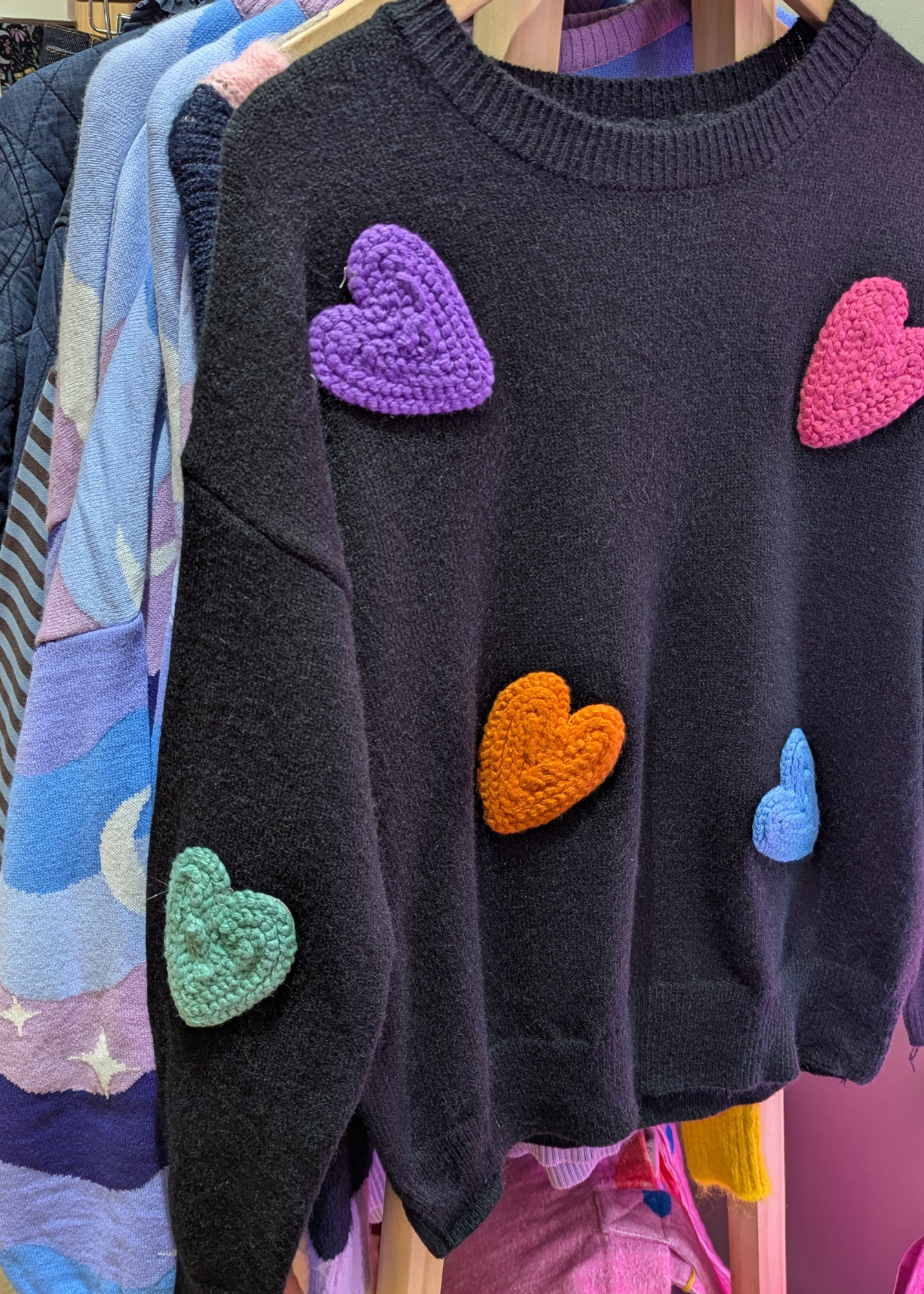The Edit - Black Knit Jumper with Colourful Hearts