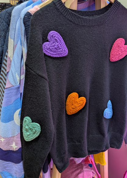 The Edit - Black Knit Jumper with Colourful Hearts