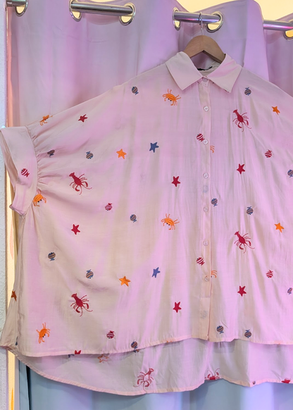 The Edit - Under the Sea Embroidered Oversized Shirt in Pale Pink