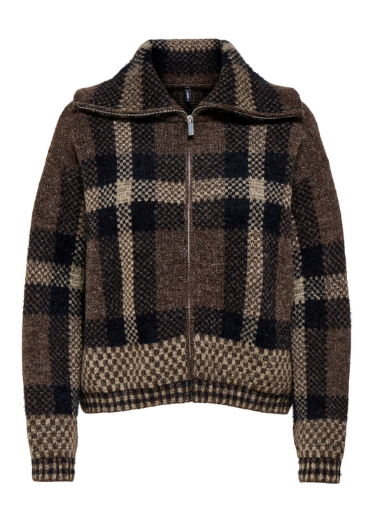 Only - Chocolate Brown Zip Up Check Cardigan