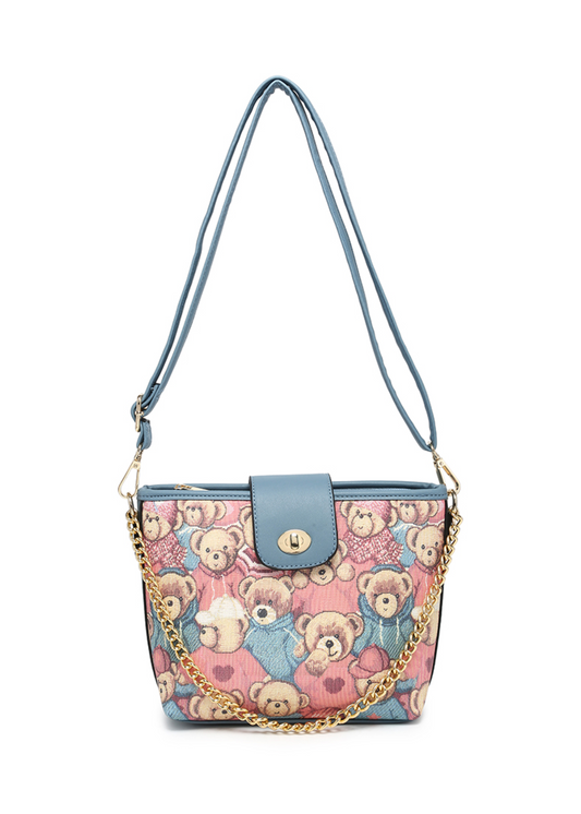 The Edit - Vintage-Style Embroidered Bear Handbag in Light Blue