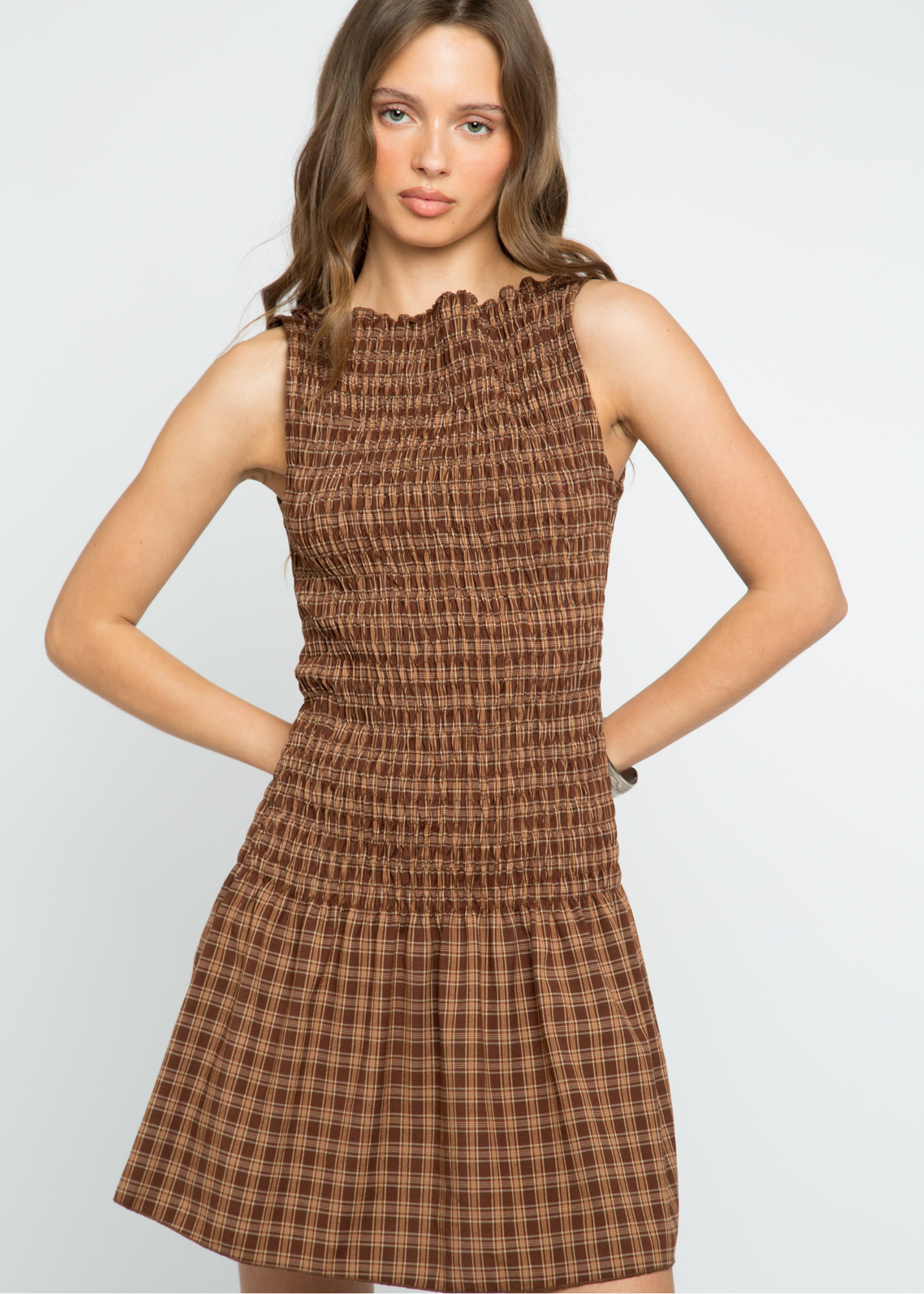 Daisy Street - Kaya Brown Check Shirred Mini Dress