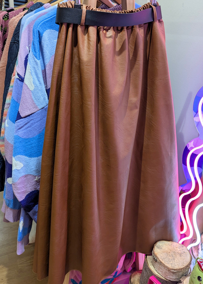 The Edit - Faux Leather Burnt Orange Midi Skirt