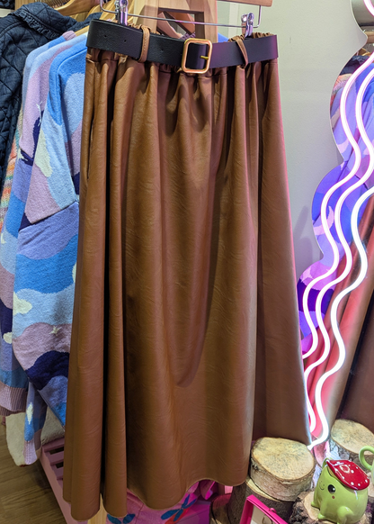 The Edit - Faux Leather Burnt Orange Midi Skirt