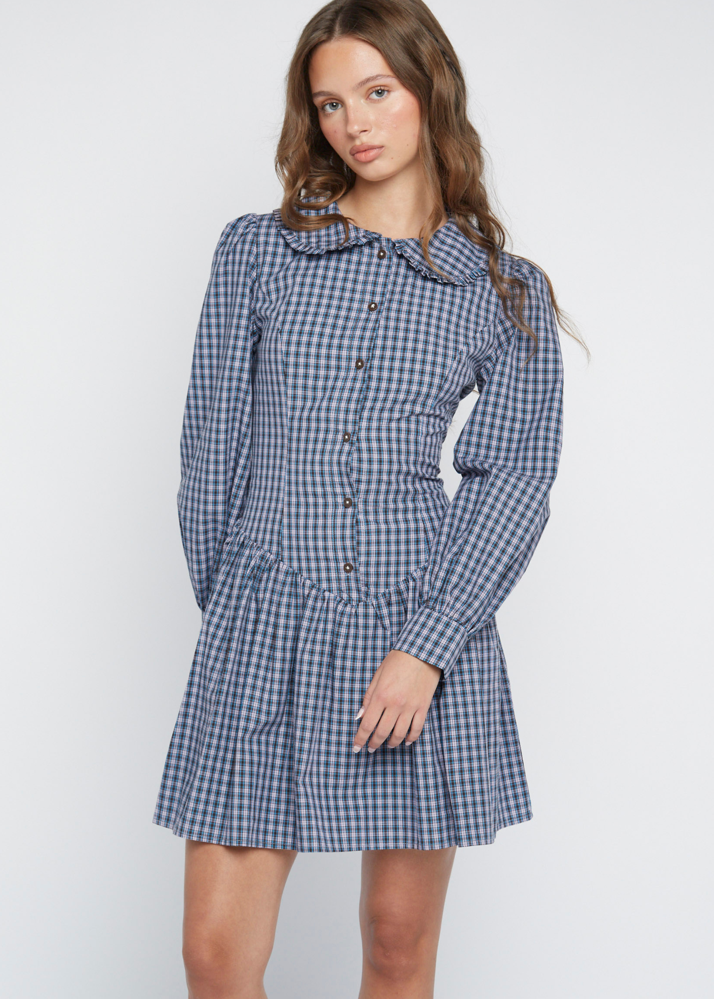 Daisy Street - Dove Blue Check Button Up Mini Dress