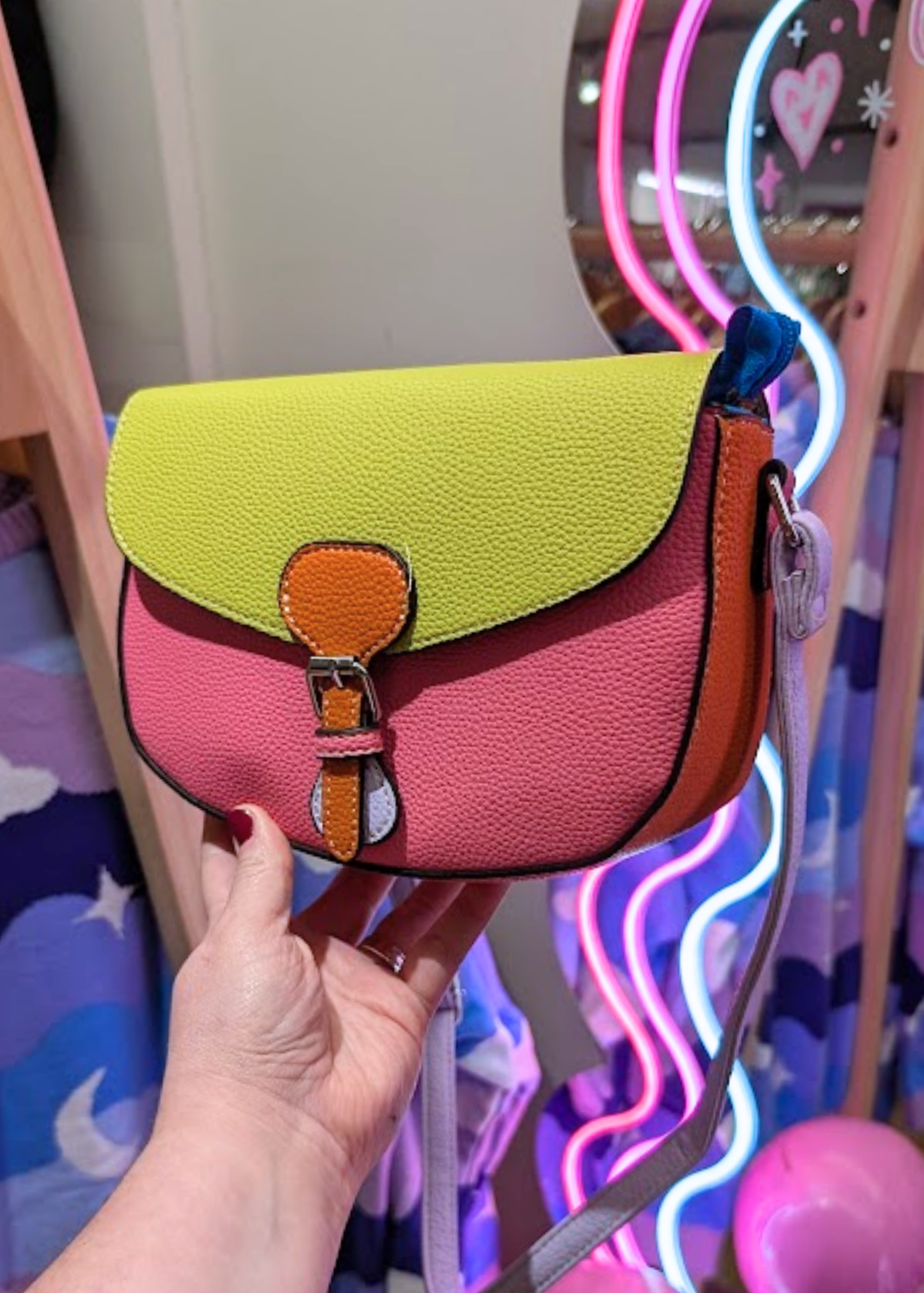 The Edit - Green, Pink and Lilac Colourblock Mini Saddle Bag