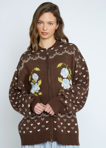 Daisy Street - Brown Knitted Rosette Zip Cardigan