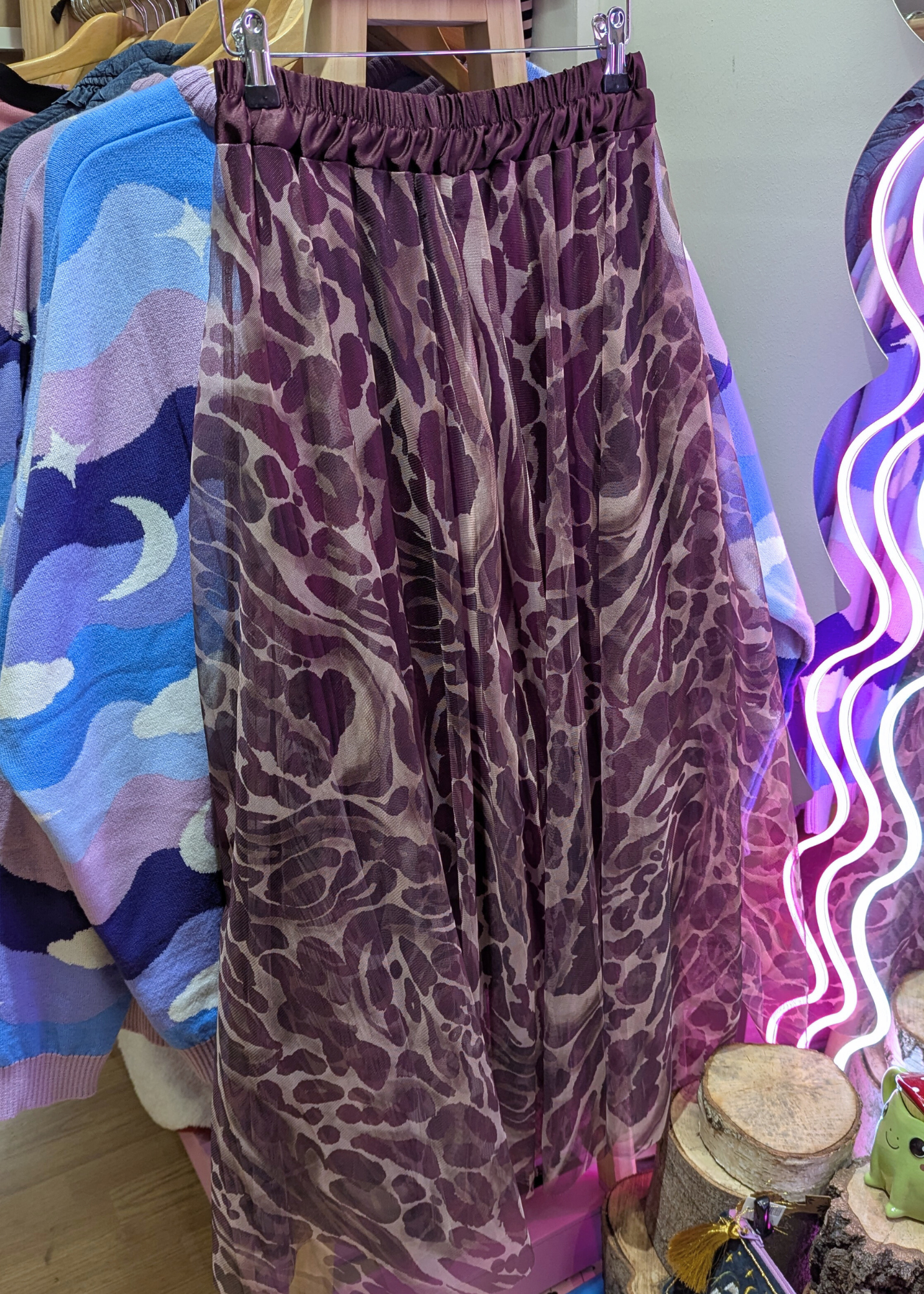 The Edit - Burgundy & Stone Leopard Mesh Midi Skirt