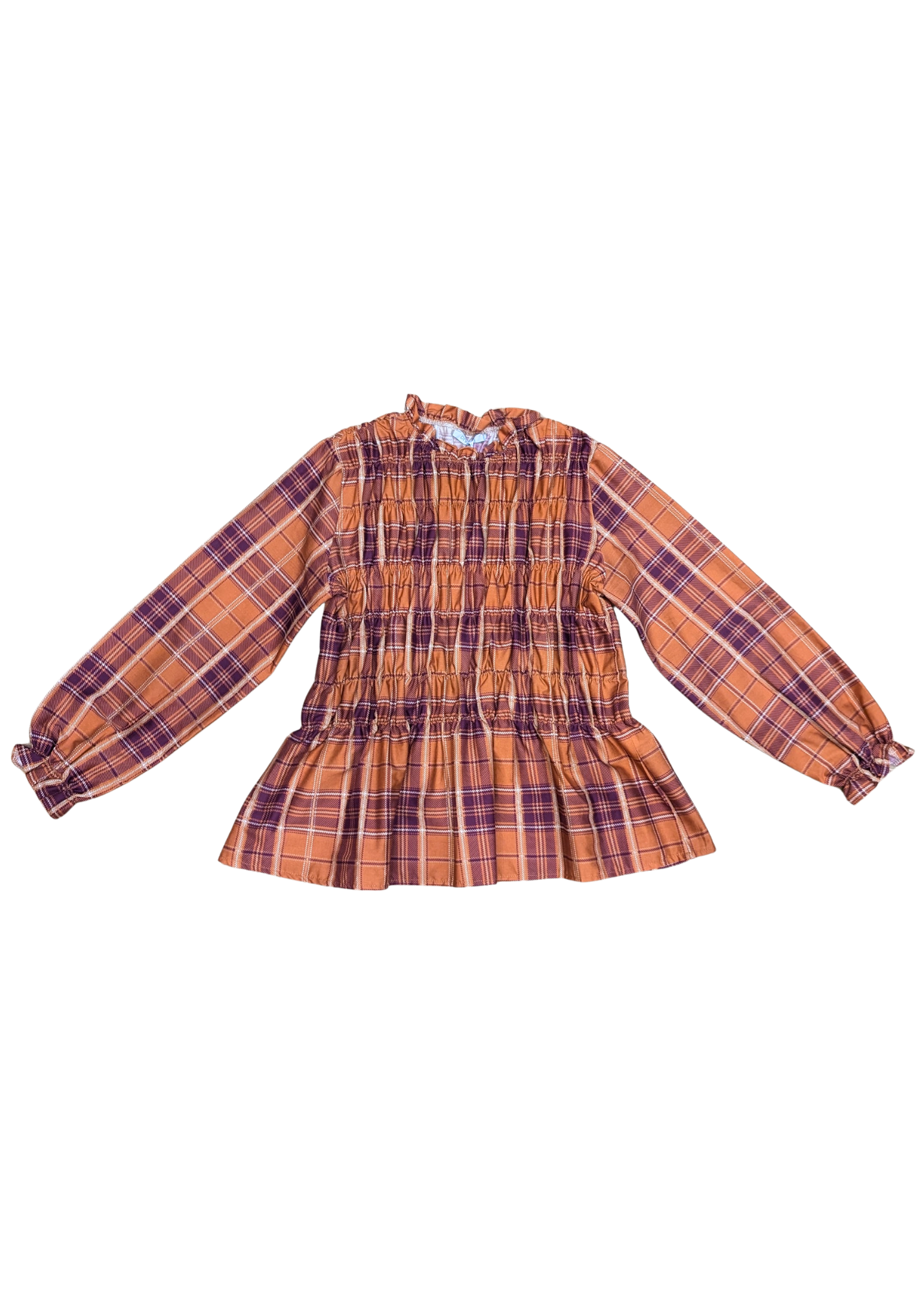 The Edit - Orange and Purple Plaid Shirred Long Sleeve Top