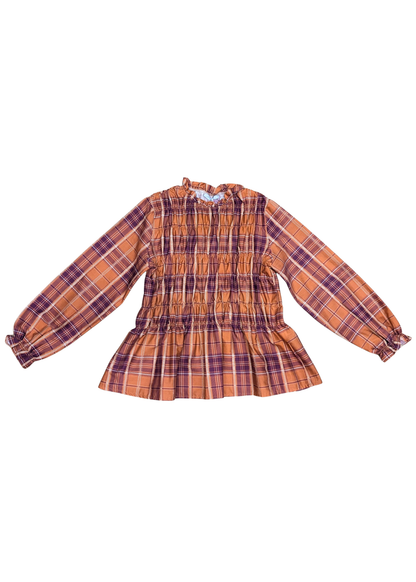 The Edit - Orange and Purple Plaid Shirred Long Sleeve Top
