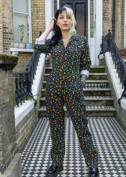 Run & Fly - Grey Rainbow Leopard Stretch Twill Boiler Suit