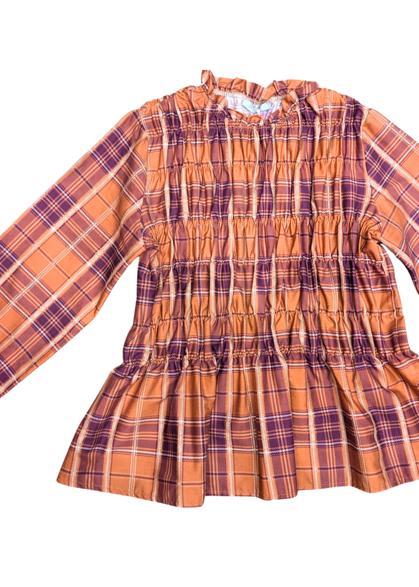 The Edit - Orange and Purple Plaid Shirred Long Sleeve Top