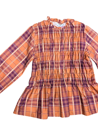 The Edit - Orange and Purple Plaid Shirred Long Sleeve Top