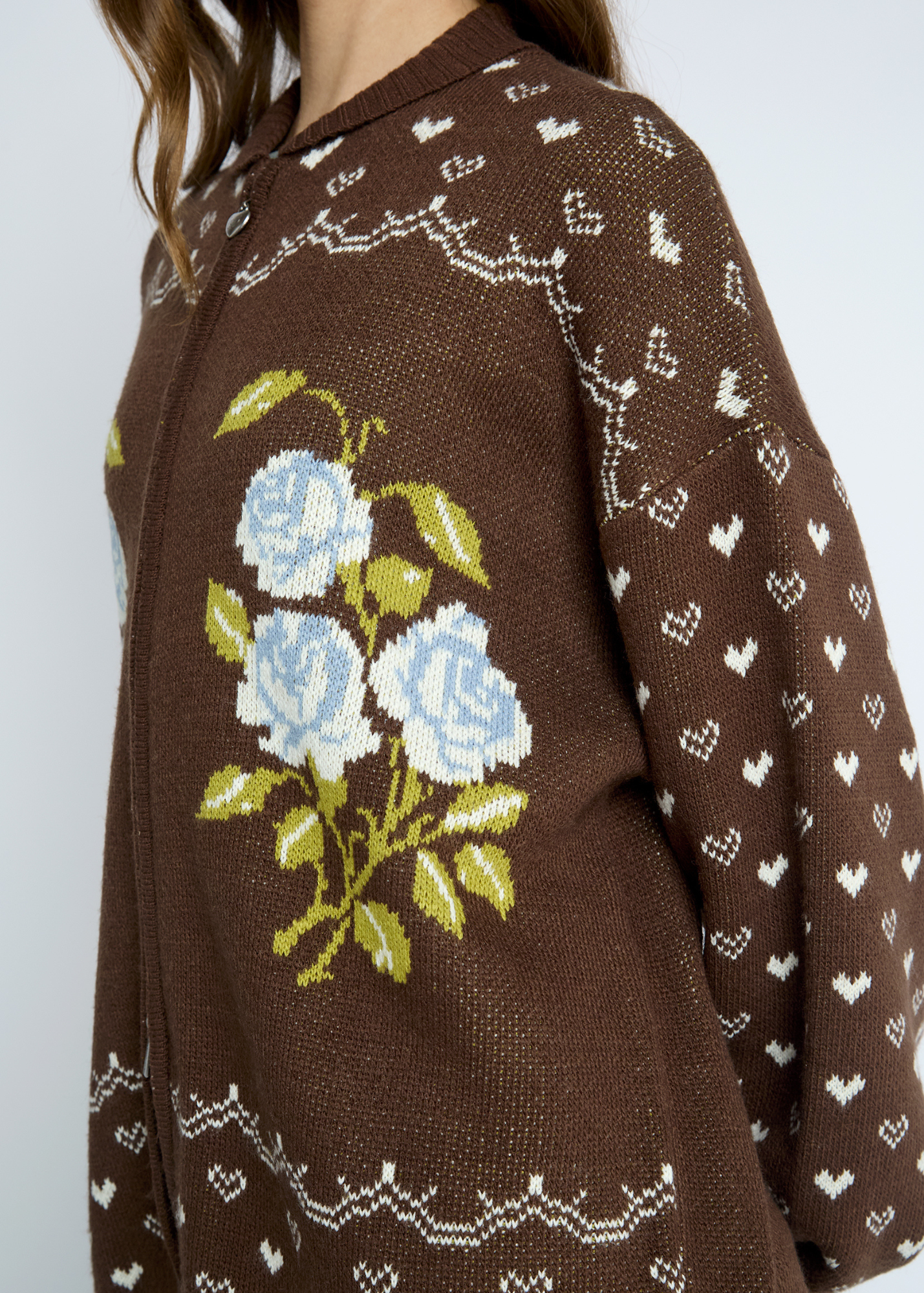 Daisy Street - Brown Knitted Rosette Zip Cardigan