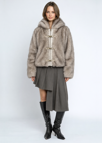Daisy Street - Grey Plush Faux Fur Hooded Coat
