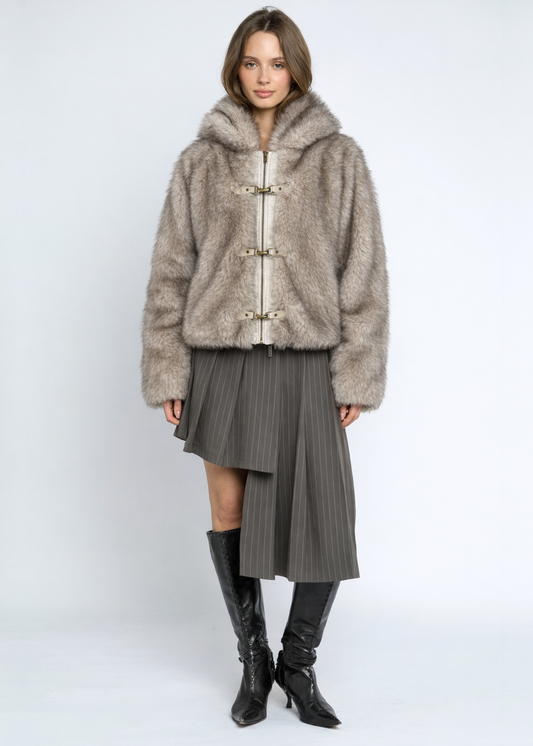 Daisy Street - Grey Plush Faux Fur Hooded Coat