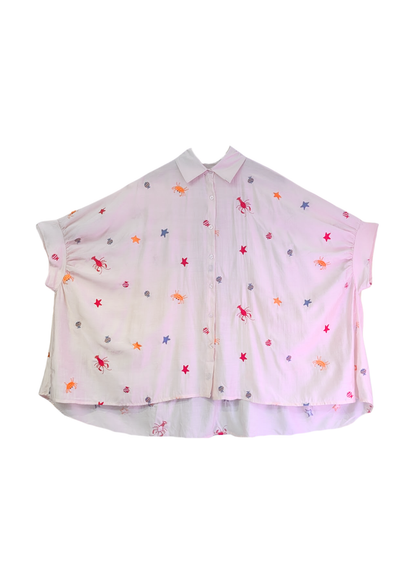 The Edit - Under the Sea Embroidered Oversized Shirt in Pale Pink