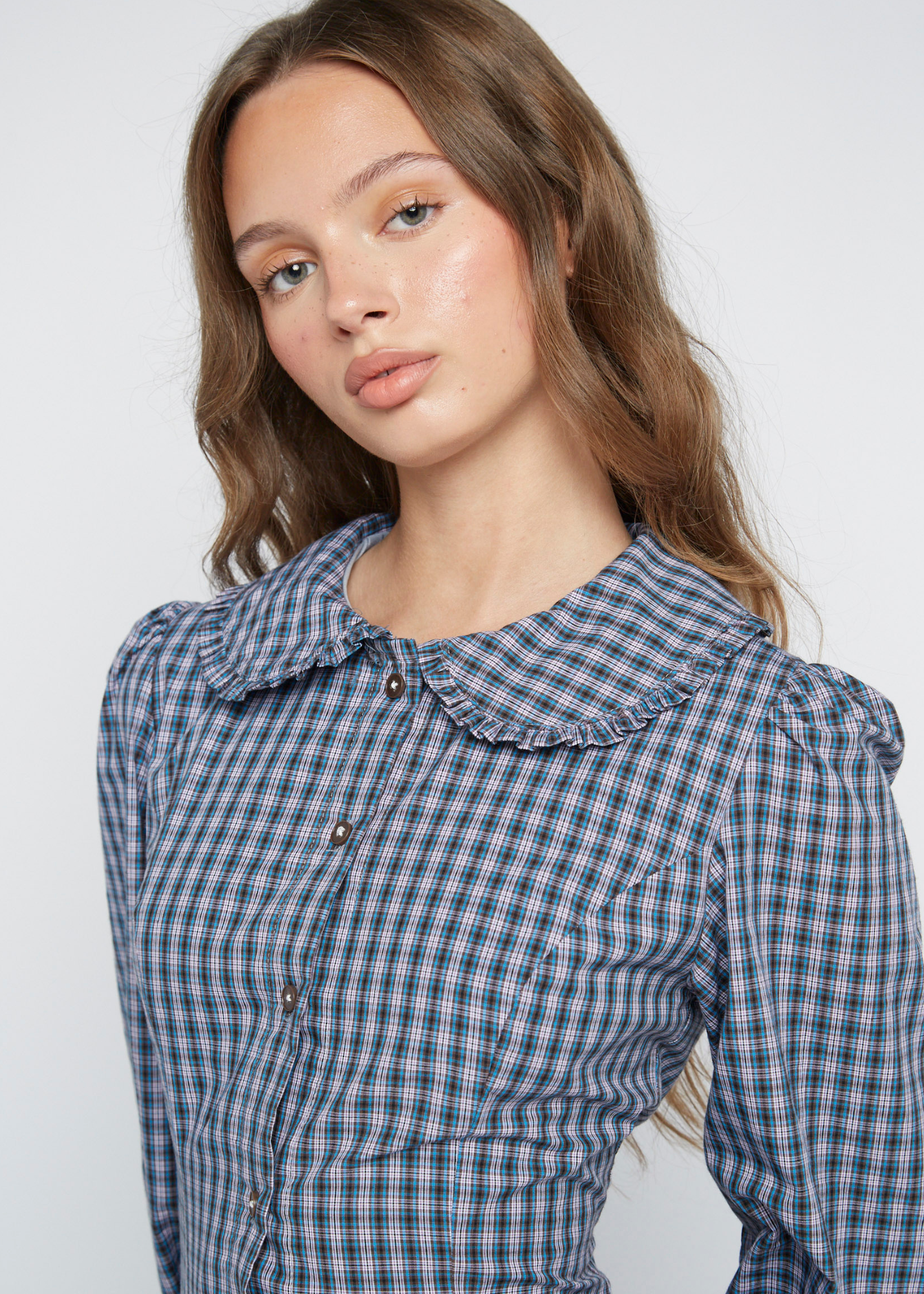 Daisy Street - Dove Blue Check Button Up Mini Dress