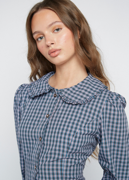 Daisy Street - Dove Blue Check Button Up Mini Dress